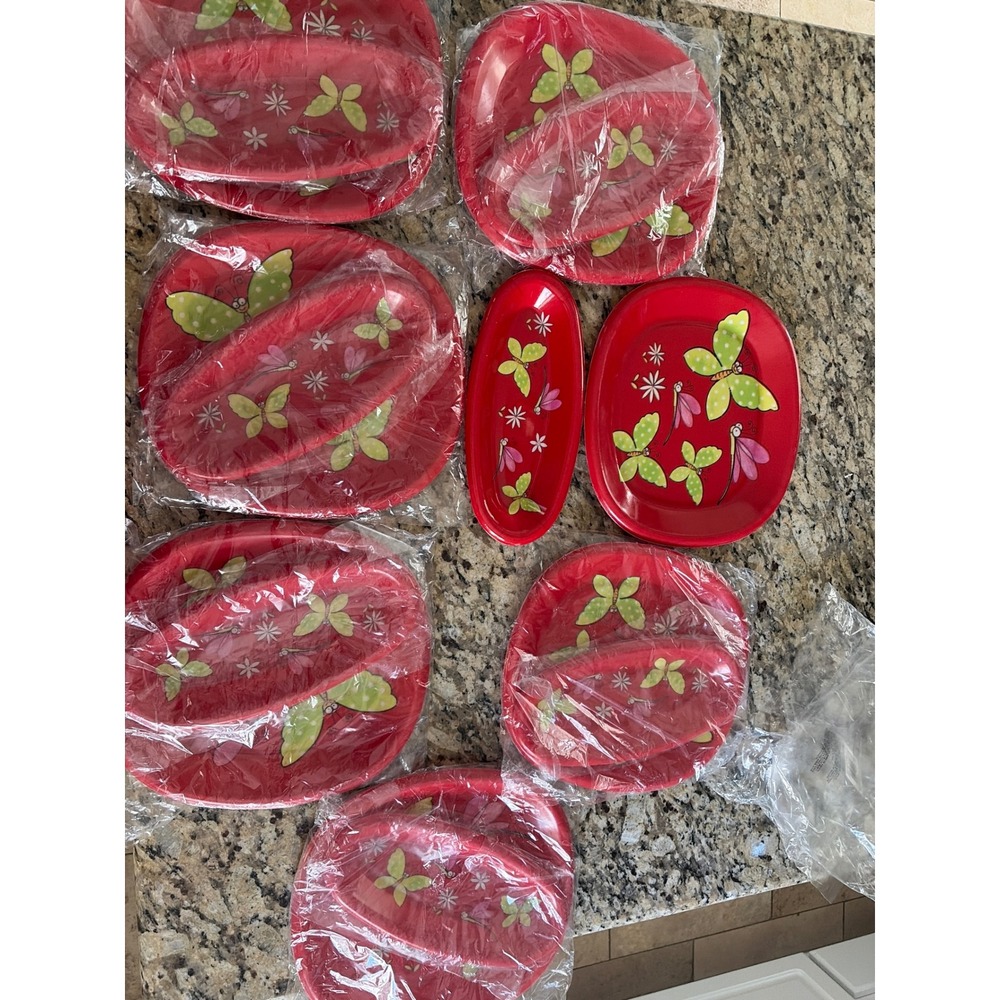Cobble Creek Hamburger Hot Dog Plate Red, Butterfly and Dragon Fly, 7 sets‎